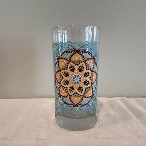 Libbey Crisa Retro Floral Turquoise/Orange 6" Glass Tumbler Mandala Pop Art
